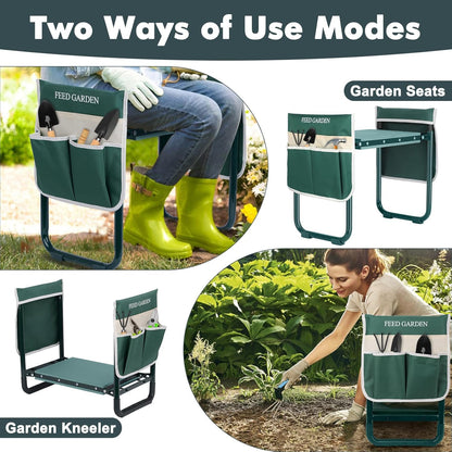 FEED GARDEN Garden Kneeler and Seat, Upgraded Foldable Gardening Stool with 10.23" Wide Kneeling Pad, Heavy Duty Gardening Bench Chair with 2 Tool Pouches, Gardening Gifts for Seniors Mom Women Men