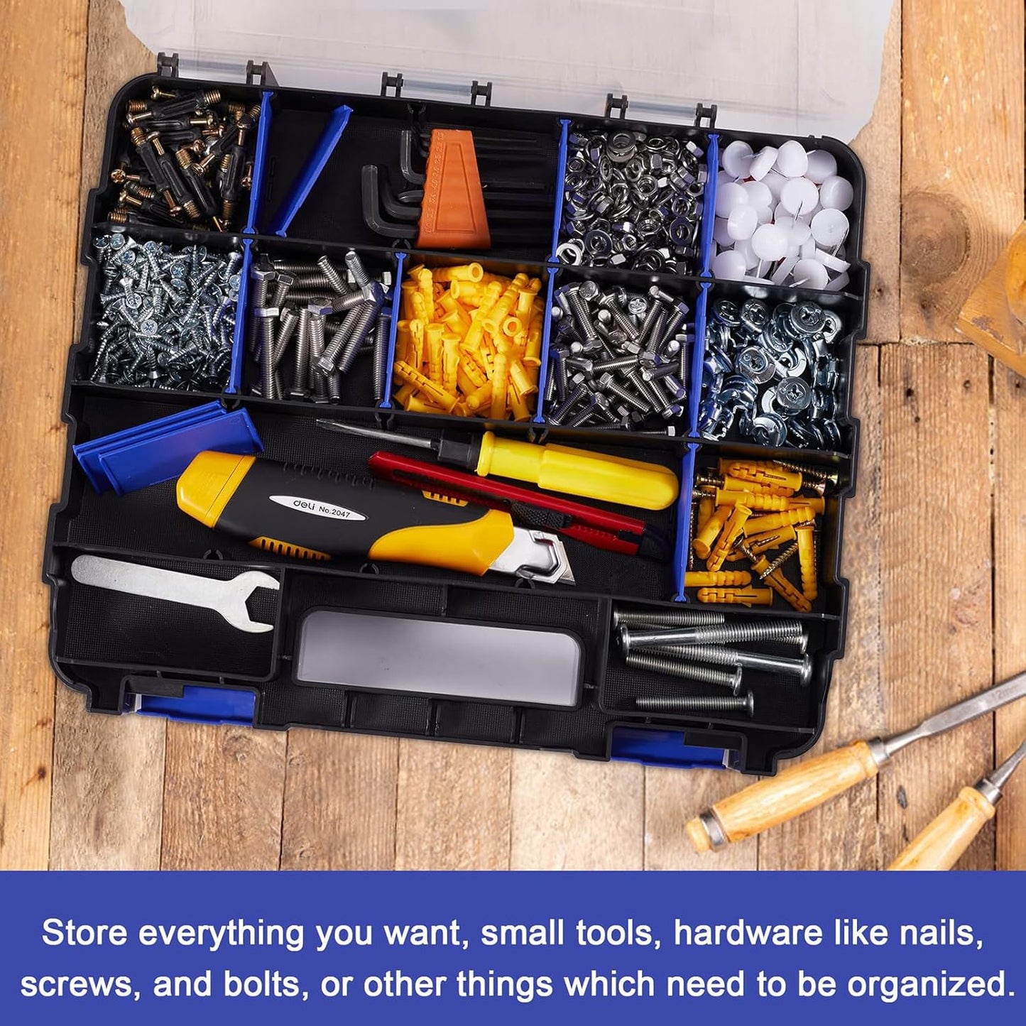 Small Parts Storage Case Tools Box Organizer Double Side 34 Compartments Hardware Organizers with Removable Plastic Dividers for Screws Nuts Nails Bolts