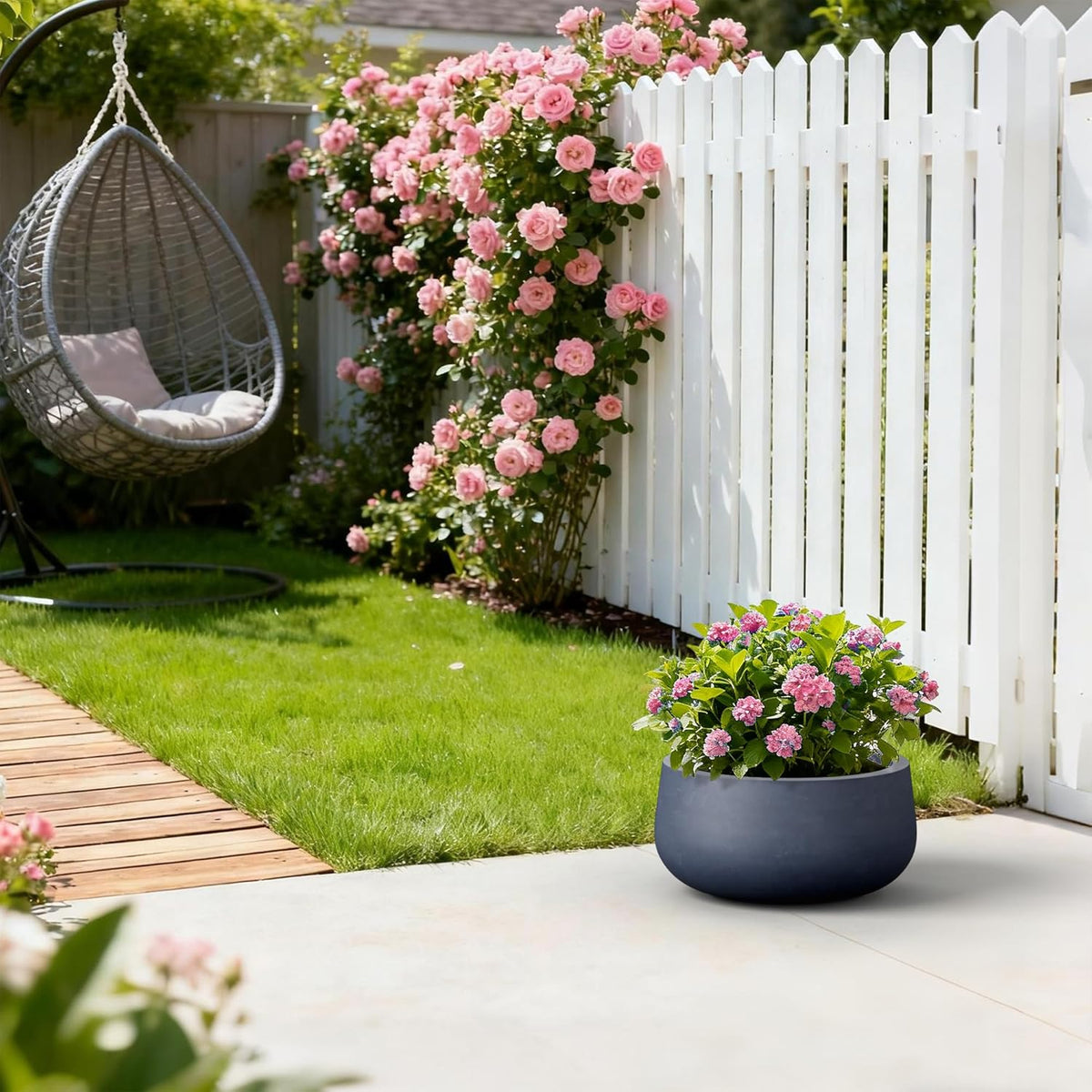 Kante 15.7" Dia Round Concrete Planter, Outdoor Indoor Garden Plant Pots with Drainage Hole and Rubber Plug, Modern Curvaceous Design, Slate Gray