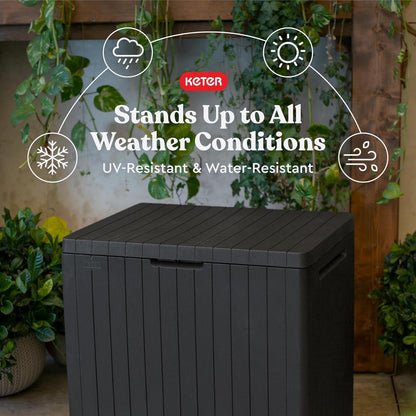 Keter City 30 Gallon Resin Outdoor Storage Box and Patio Furniture Side Table for Pool and Garden Accessories, Brown