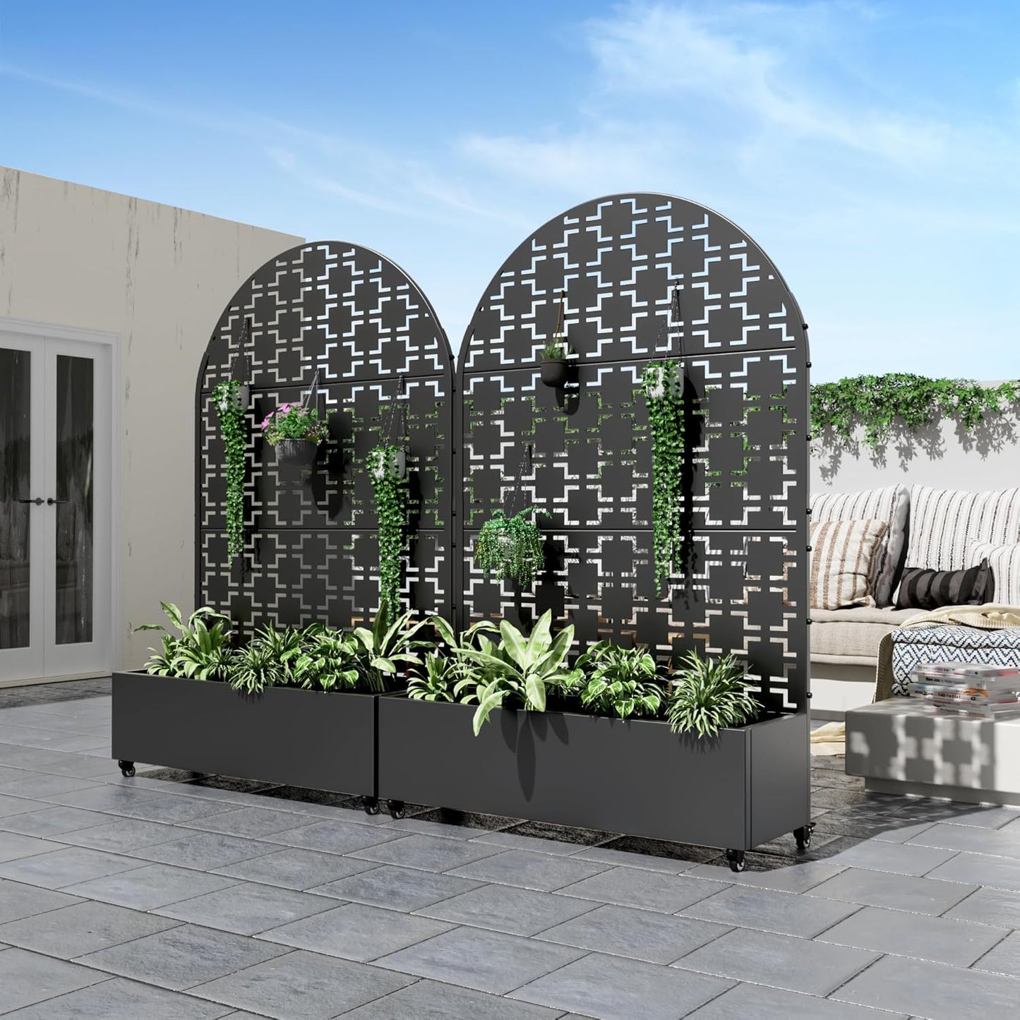 Casaphoria Metal Raised Garden Bed with Trellis and Wheels, 72"x47"x16" Planter Box for Climbing Plants, Vegetables & Vines, Features Drainage Holes and Privacy Screen (Black-Louver) - Colors D