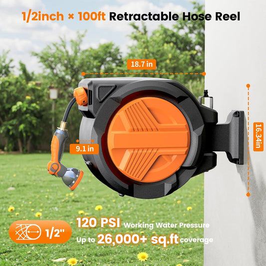 Retractable Garden Hose Reel 1/2” x 100ft, Auto Rewind Hose Reels for Outside, Heavy-Duty Wall-Mounted Outdoor Hose, 10-Mode Nozzle, Adjustable Length, 180° Rotation for Watering, Car Washing
