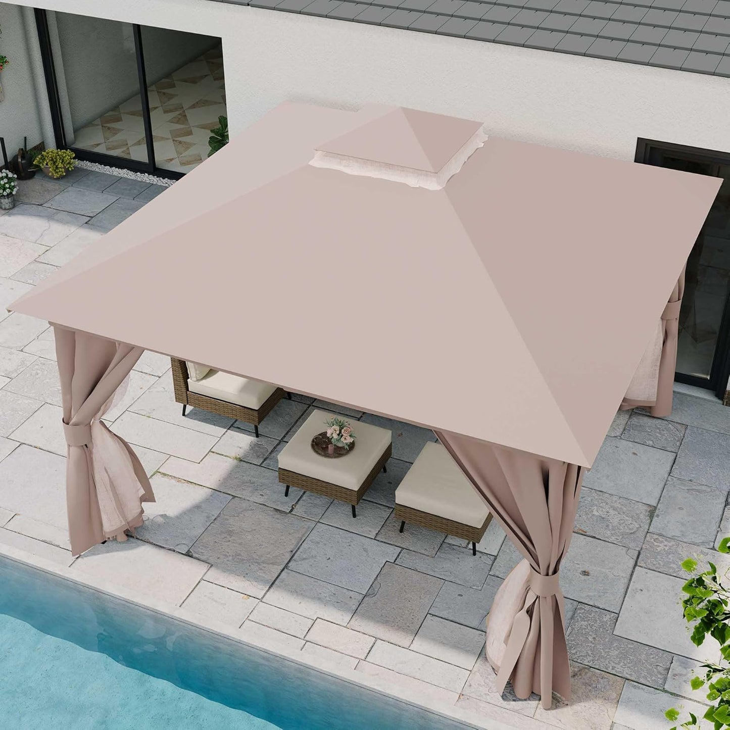 10x20 Gazebo Canopy with 100FT String Lights, Metal Heavy Duty Patio Canopy Tent with Double Roofs, Mosquito Nettings and Privacy Screens for Backyard, Garden, Lawn, Gray