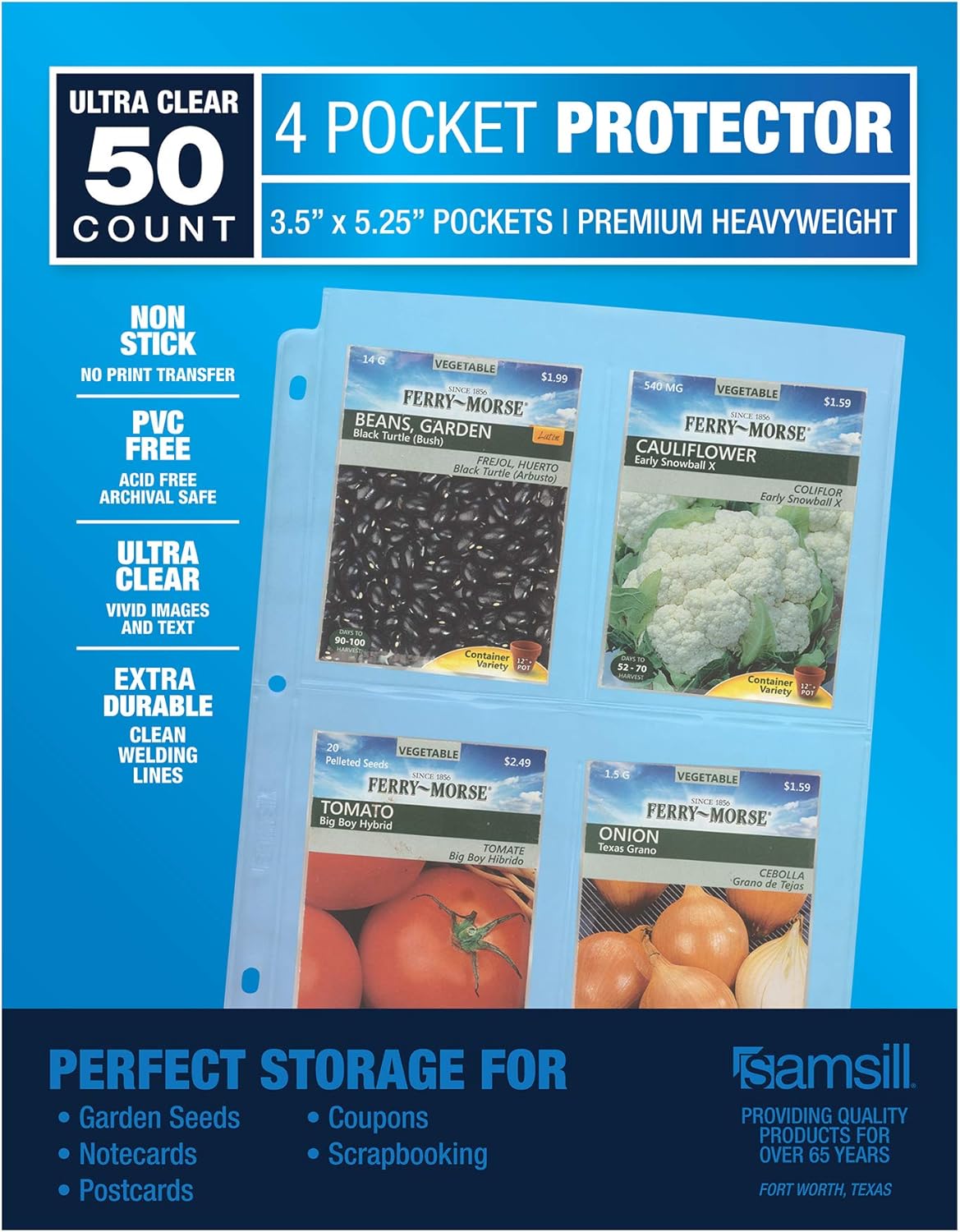 Samsill 50 Pack Heavy Weight 4 Pocket Garden Seeds Storage Clear Sheet Protectors, Seed Organizer, Each Pocket Measures 3.5" x 5.25", Fits in Standard 3 Ring Binder