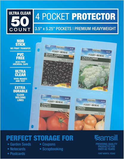 Samsill 50 Pack Heavy Weight 4 Pocket Garden Seeds Storage Clear Sheet Protectors, Seed Organizer, Each Pocket Measures 3.5" x 5.25", Fits in Standard 3 Ring Binder