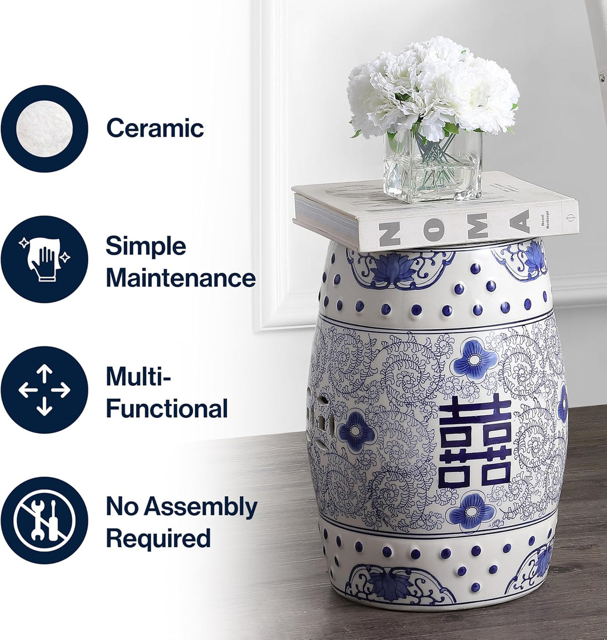 JONATHAN Y Double Happiness 18" Ceramic Garden Stool, Traditional Chinoiserie Dusty Teal and White Indoor/Outdoor Patio Drum Accent Side Table and Plant Stand TBL1013C