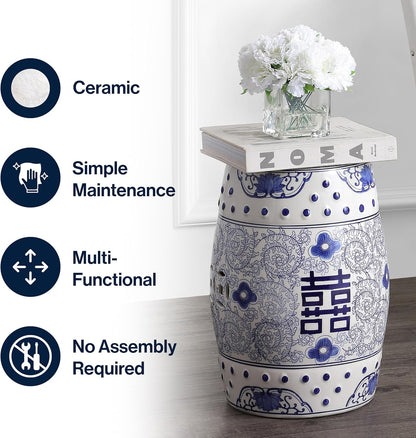 JONATHAN Y Double Happiness 18" Ceramic Garden Stool, Traditional Chinoiserie Dusty Teal and White Indoor/Outdoor Patio Drum Accent Side Table and Plant Stand TBL1013C