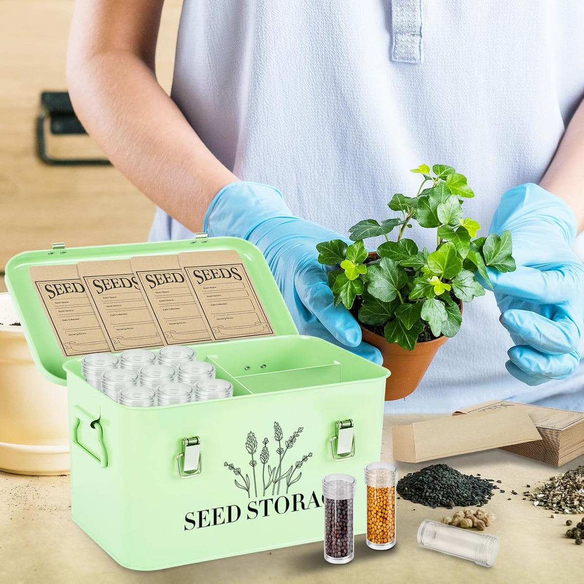60 Slots Seed Storage Box with 4 Dividers, Metal Seed Storage Organizer Saving Box, Seeds Packet Container, Professional All-in-One Kit with 60 Seeds Envelopes and Label Stickers