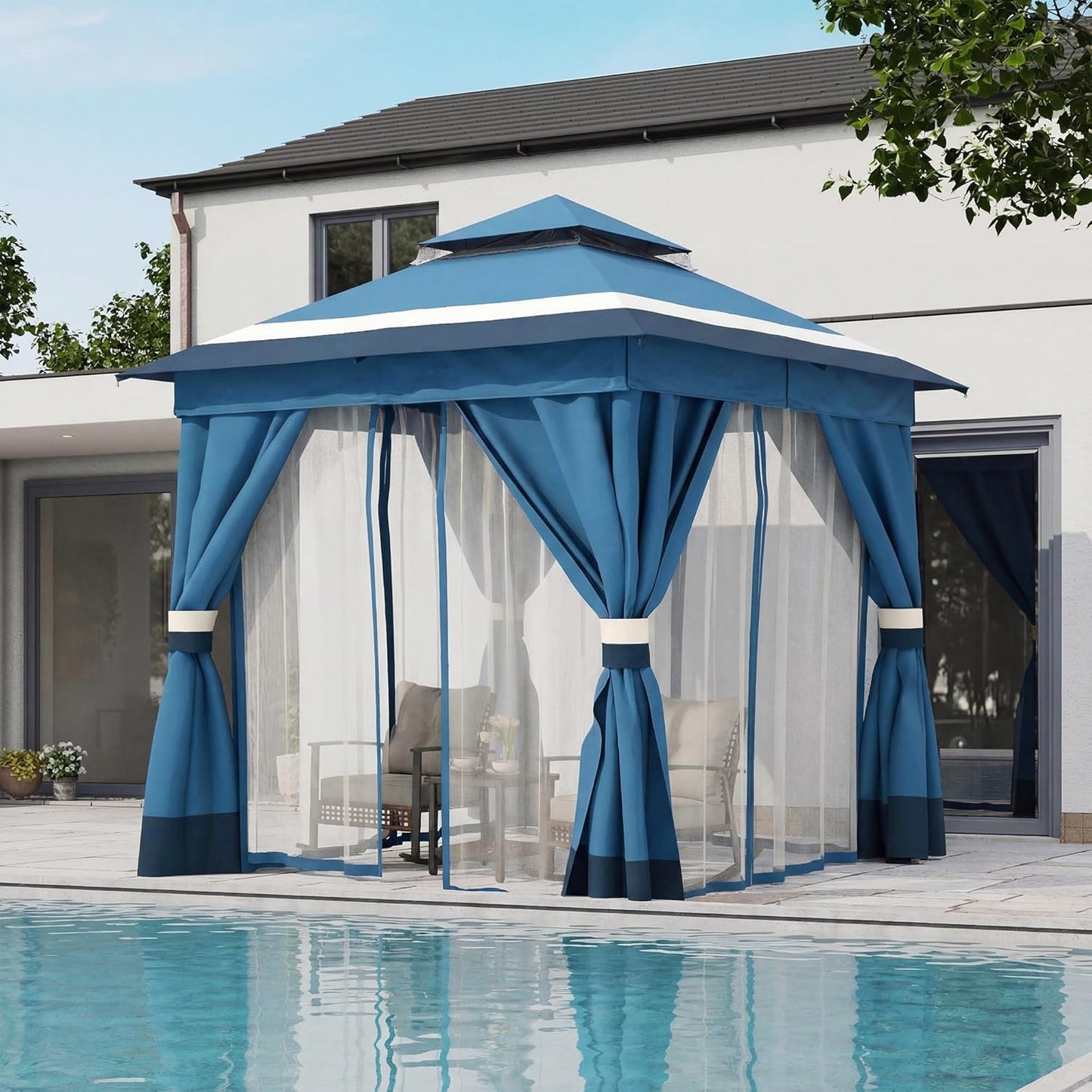 10x20 Gazebo Canopy with 100FT String Lights, Metal Heavy Duty Patio Canopy Tent with Double Roofs, Mosquito Nettings and Privacy Screens for Backyard, Garden, Lawn, Gray