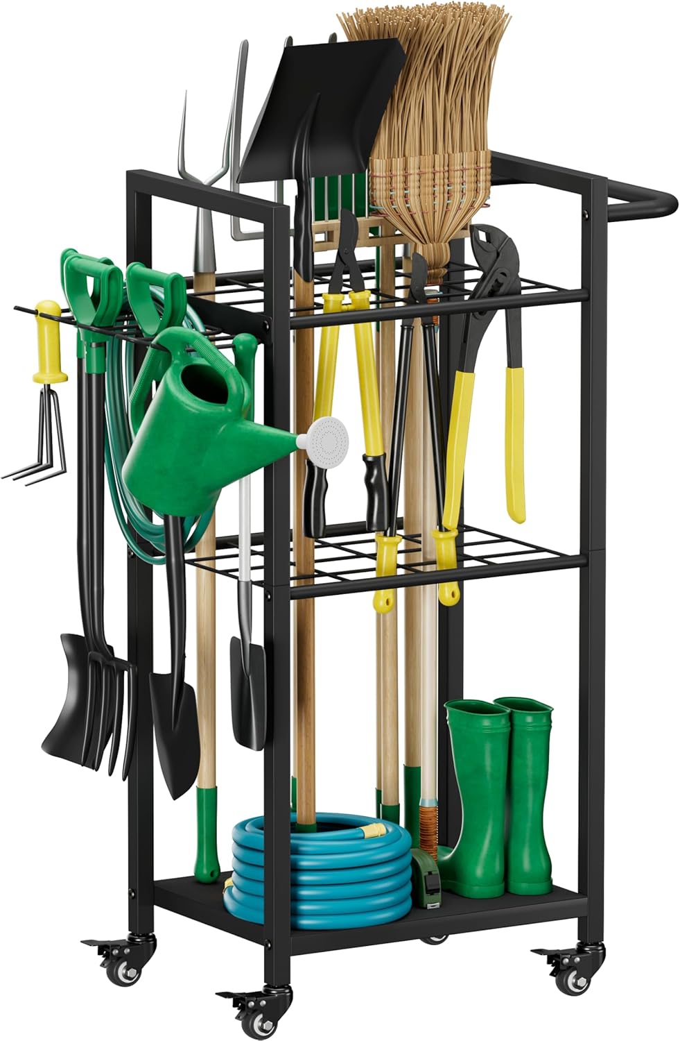 Garden Tool Organizer with Wheels, Heavy Duty 3 Tier Metal Yard Tool Storage Rack Holder with Side Hooks, Freestanding Garage Organizer for Shovels, Rakes, Brooms, Indoor Outdoor Use, Black