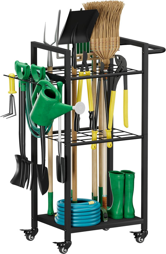 Garden Tool Organizer with Wheels, Heavy Duty 3 Tier Metal Yard Tool Storage Rack Holder with Side Hooks, Freestanding Garage Organizer for Shovels, Rakes, Brooms, Indoor Outdoor Use, Black