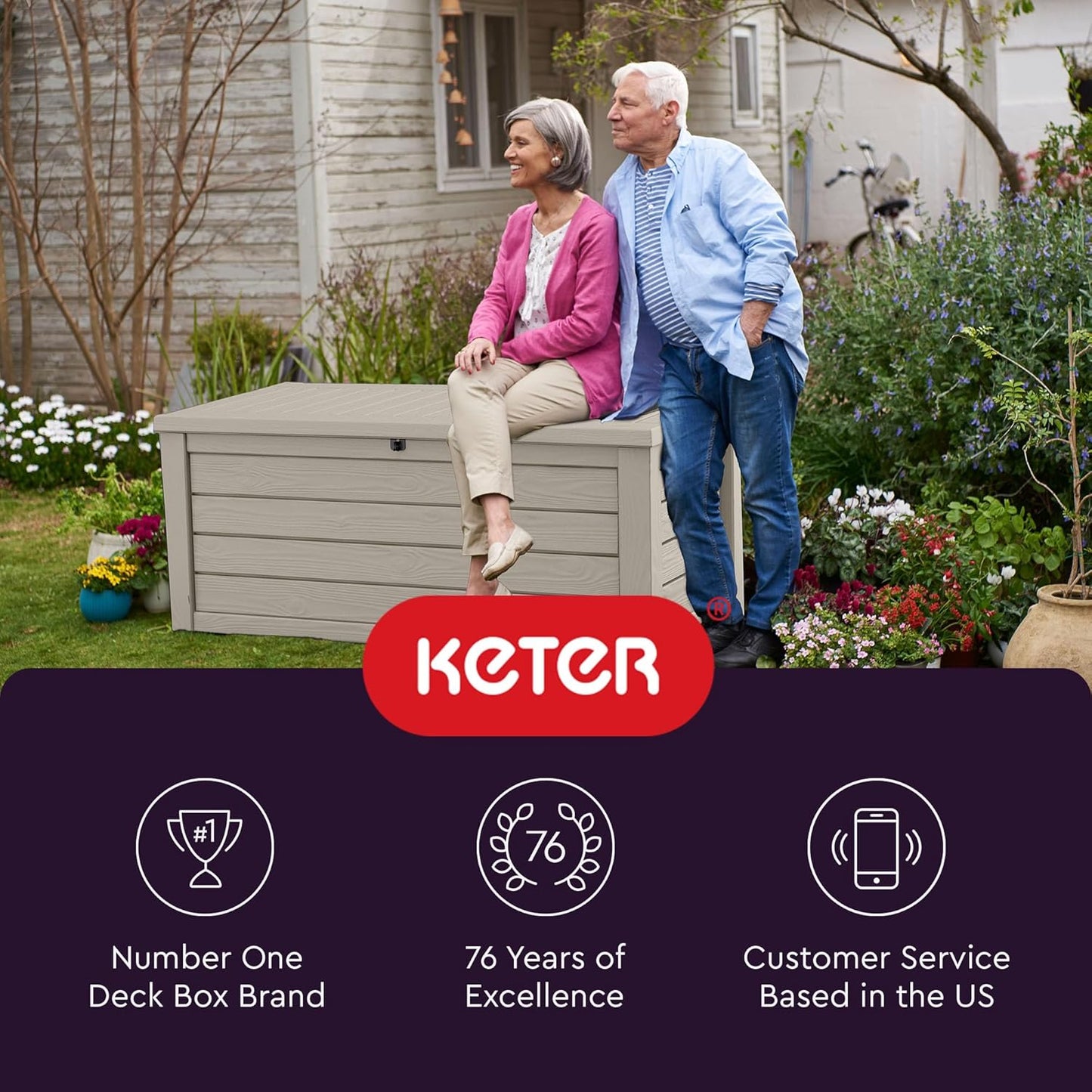 Keter 150 Gallon Resin Large Deck Box Organization and Storage Box for Patio, Outdoor Cushions, Garden Tools, Brown