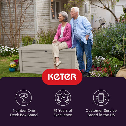 Keter 150 Gallon Resin Large Deck Box Organization and Storage Box for Patio, Outdoor Cushions, Garden Tools, Brown