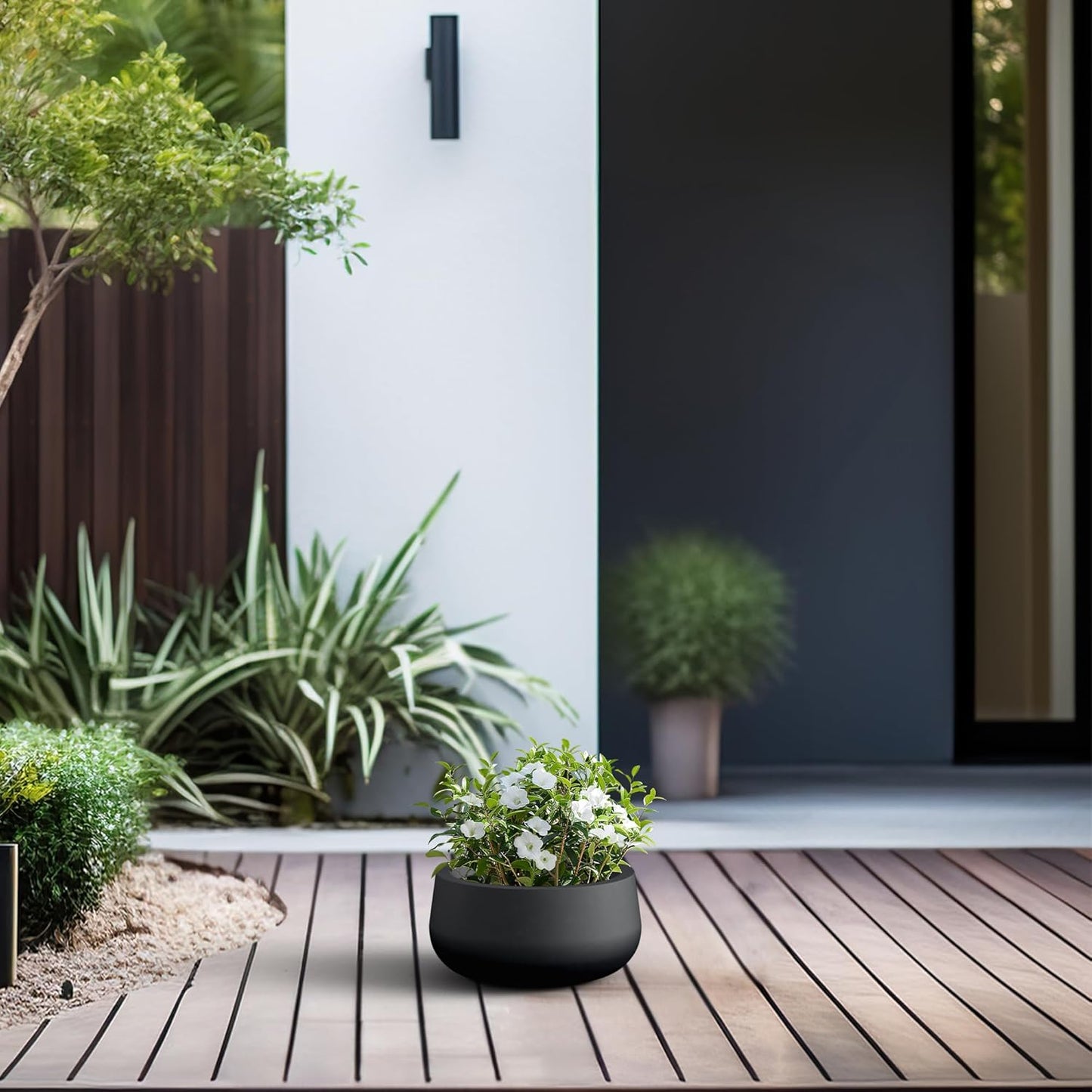Kante 15.7" Dia Round Concrete Planter, Outdoor Indoor Garden Plant Pots with Drainage Hole and Rubber Plug, Modern Curvaceous Design, Slate Gray