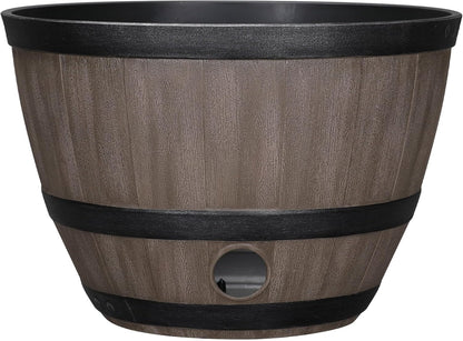 Whiskey Barrel Garden Hose Pot, 18"" Dia. x 12"" H, Walnut Brown – 100% Certified Recycled Resin Outdoor Water Hose Storage with Removable Drainage Plug, UV & Weather Resistant