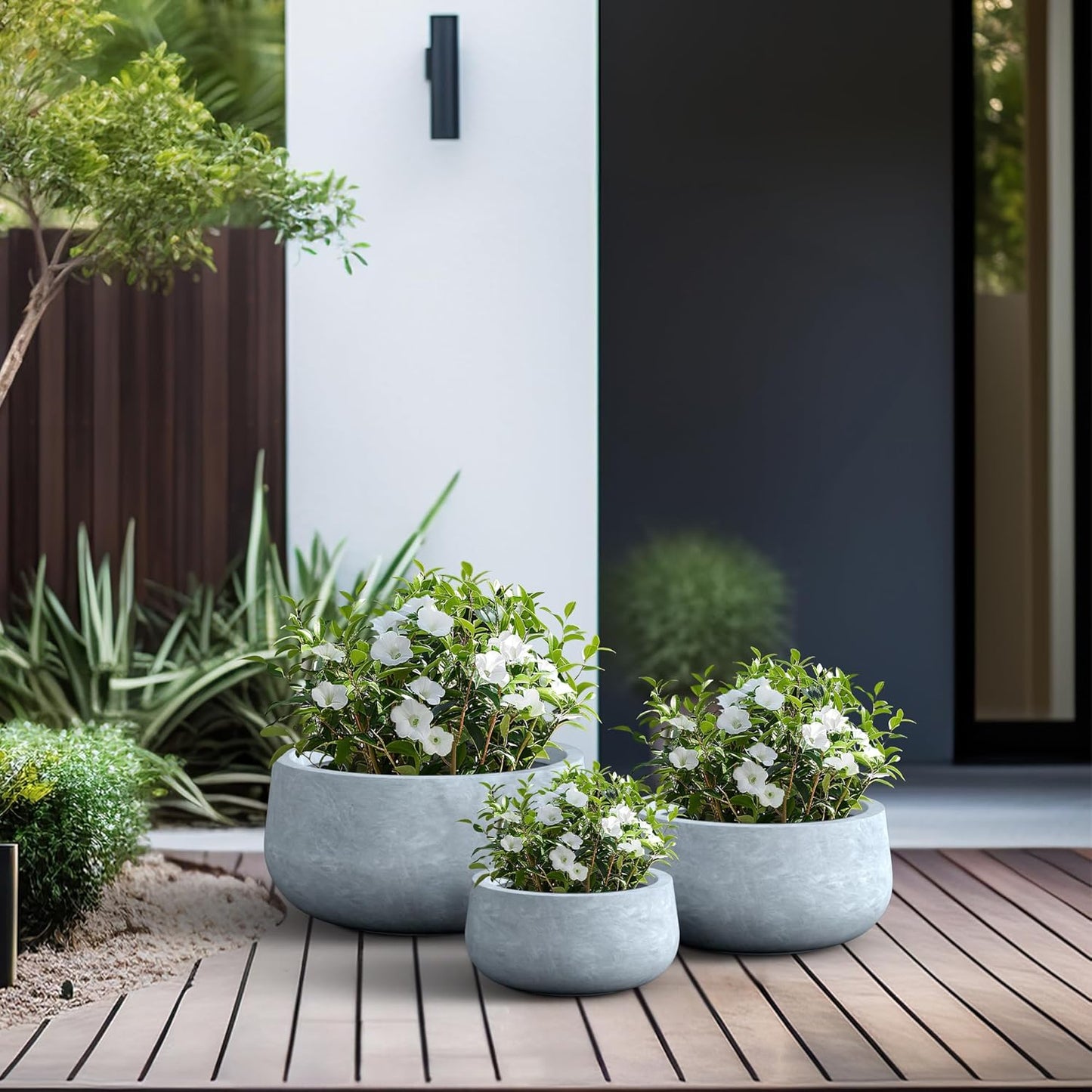 Kante 15.7" Dia Round Concrete Planter, Outdoor Indoor Garden Plant Pots with Drainage Hole and Rubber Plug, Modern Curvaceous Design, Slate Gray