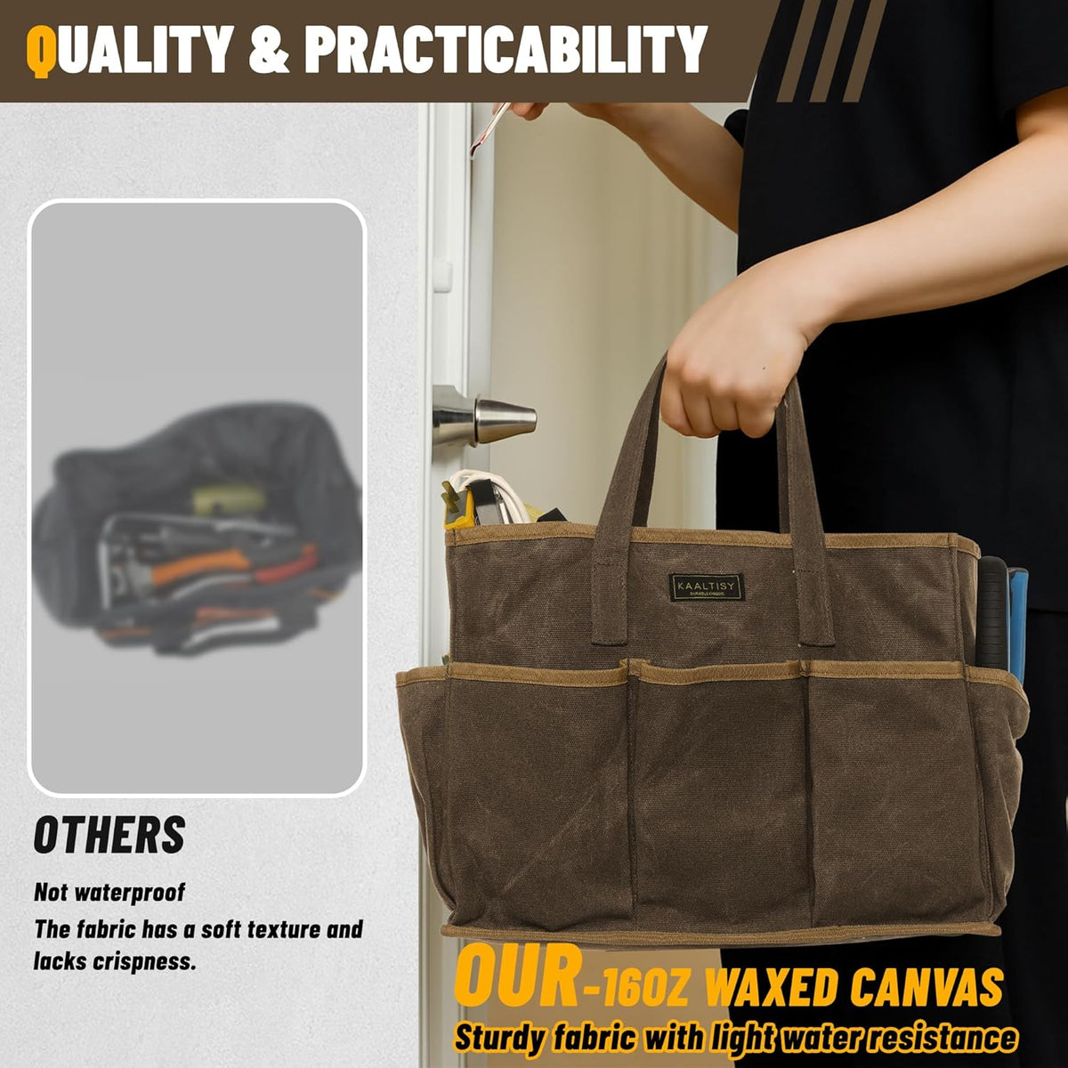 Tool Tote Bag, Heavy Duty 16oz Waxed Canvas Garden Tool Bag | Portable 11-Pocket Tool Storage Bag for Gardener Electrician Contractor Repairman (14"L x 5.5"W x 10.5"H) – Army Green