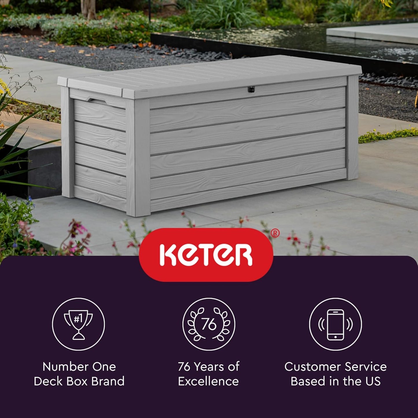 Keter 150 Gallon Resin Large Deck Box Organization and Storage Box for Patio, Outdoor Cushions, Garden Tools, Brown