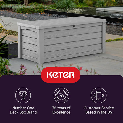 Keter 150 Gallon Resin Large Deck Box Organization and Storage Box for Patio, Outdoor Cushions, Garden Tools, Brown