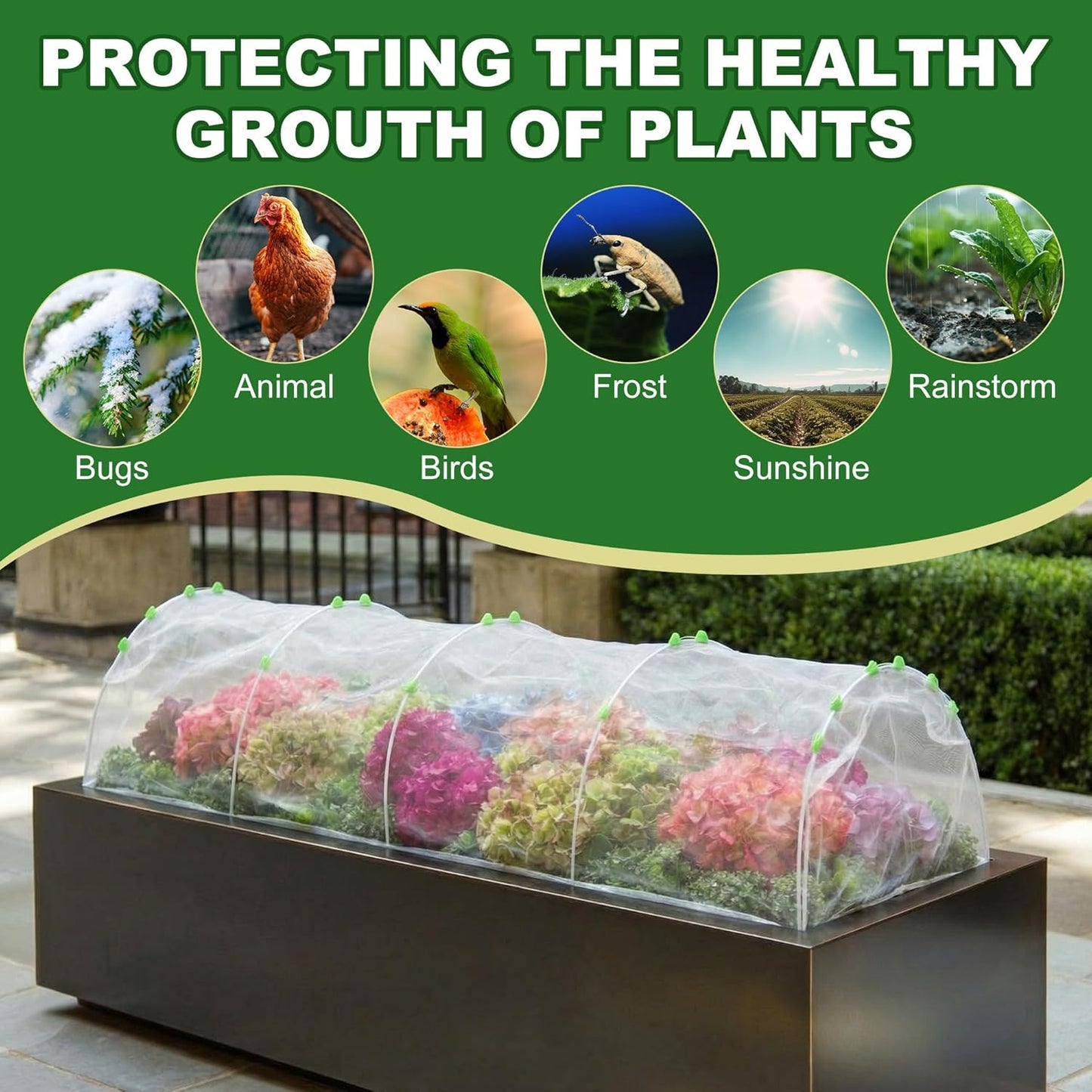 2 Set Garden Netting Kit for Raised Beds 4.9x2.3x1.5 ft Ultra Fine Mesh Plant Cover with Garden Hoops Drawstring & Clips Insect Netting Pest Barrier Screen for Vegetables Fruits Protection
