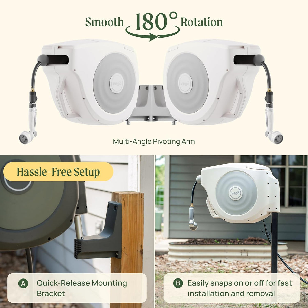 Vego Garden Hose Reel Retractable Hi-Flow Wall Mounted Hose Reel Automatic Rewind, Any Length Lock with 9 Patterns Sprayer Nozzle, Quick Connector and Adjustable shot Nozzle (Seaweed Green, 100ft)