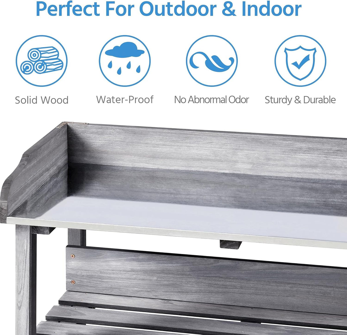 Topeakmart Potting Bench Table w/Metal Tabletop for Garden, Fir Wood Workstation w/3 Tier Shelves, Outdoor Work Bench w/Hook Natural Wood