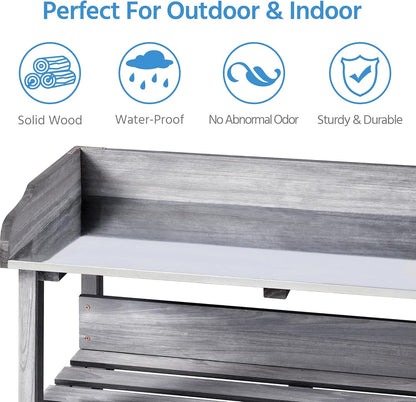 Topeakmart Potting Bench Table w/Metal Tabletop for Garden, Fir Wood Workstation w/3 Tier Shelves, Outdoor Work Bench w/Hook Natural Wood
