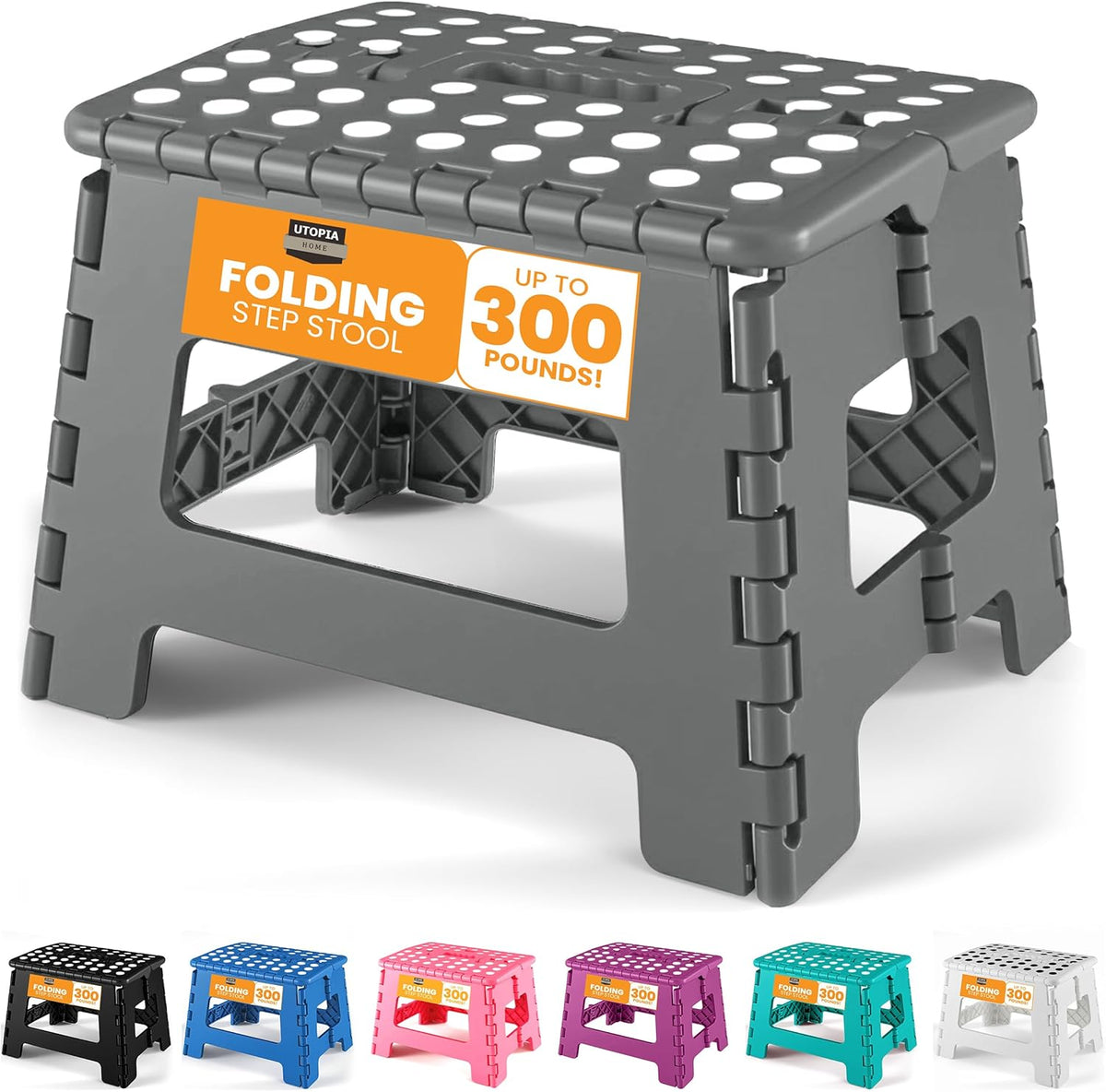 Utopia Home Folding Step Stool with Handle – 9 Inch Anti Slip Collapsible Stool – Holds Up to 300 lbs – Sturdy Plastic Step Stool Foldable for Kitchen, Bathroom and Home Use (1-Pack, Black)