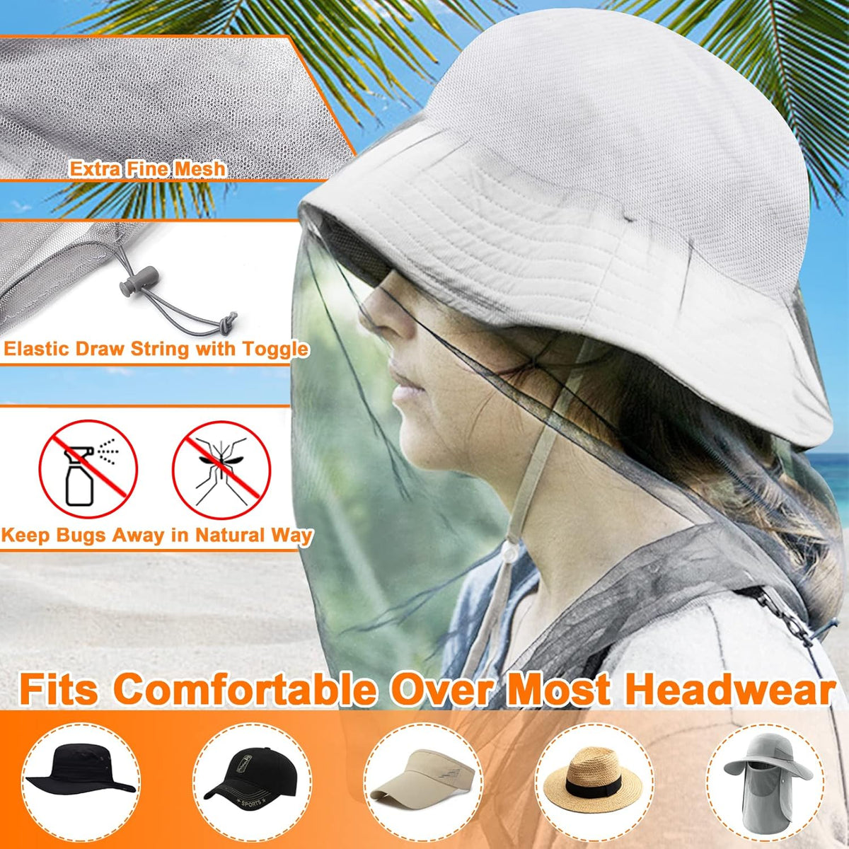 Benvo Mosquito Head Net Mesh, Face Neck Fly Netting Hood from Bugs Gnats Noseeums Screen Net for Any Outdoor Lover- with Carry Bags Fits Most Sizes of Hats Caps (2pcs, Black, Updated Big Net)