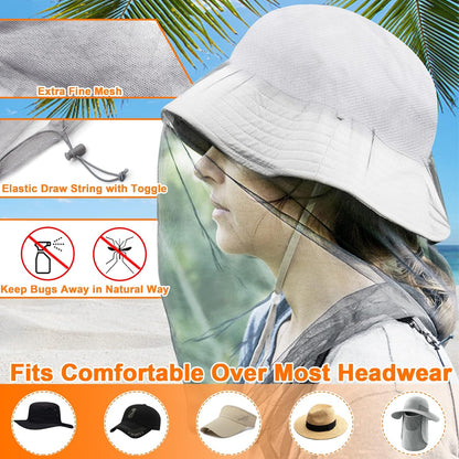 Benvo Mosquito Head Net Mesh, Face Neck Fly Netting Hood from Bugs Gnats Noseeums Screen Net for Any Outdoor Lover- with Carry Bags Fits Most Sizes of Hats Caps (2pcs, Black, Updated Big Net)
