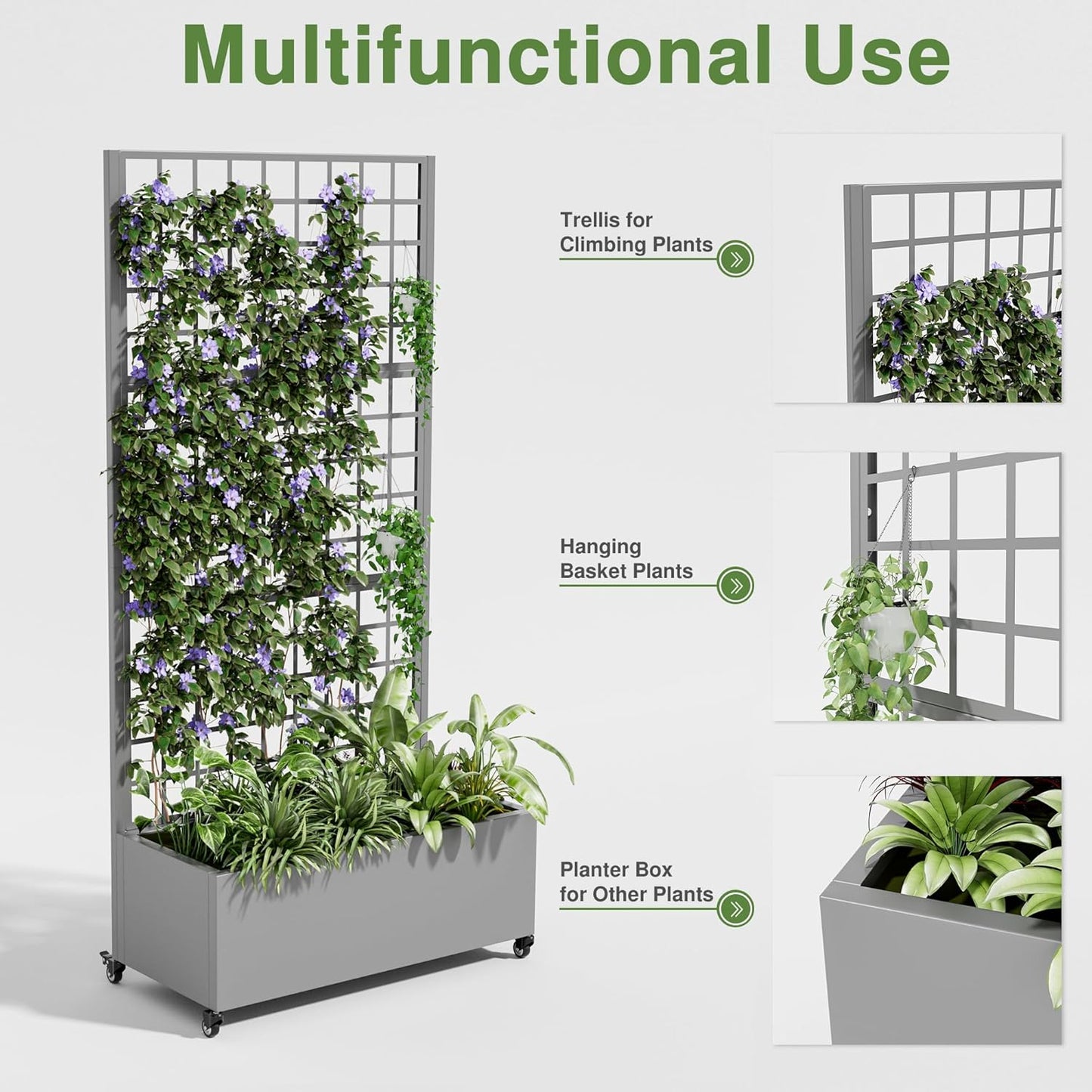 Casaphoria Metal Raised Garden Bed with Trellis and Wheels, 72"x47"x16" Planter Box for Climbing Plants, Vegetables & Vines, Features Drainage Holes and Privacy Screen (Black-Louver) - Colors C