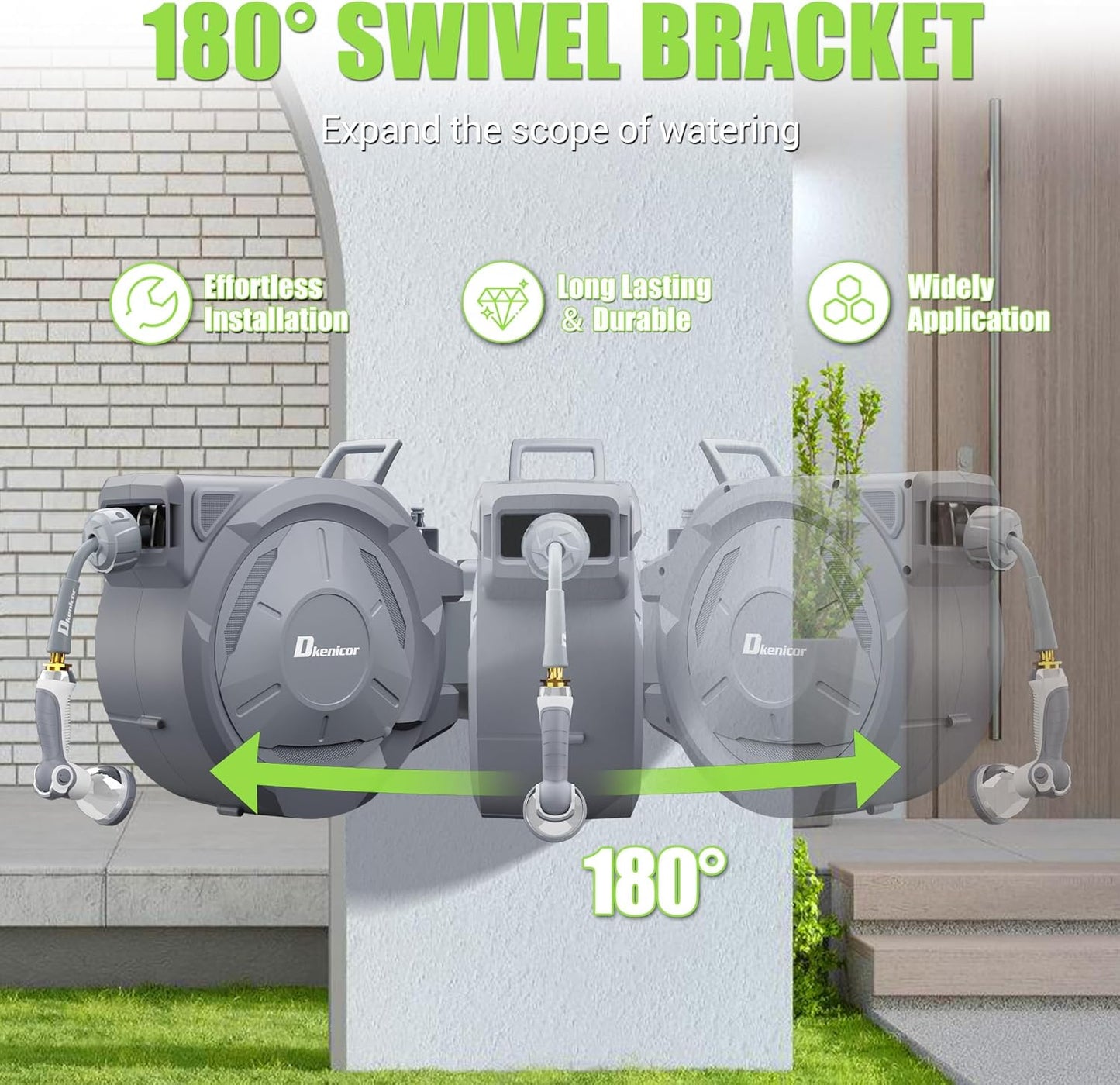 5/8" × 110 ft Retractable Hose Reel, Heavy Duty Retractable Garden Hose Reel Wall Mounted with 10-Pattern Hose Nozzle/Any Length Lock/Slow Return System/180°Swivel Bracket