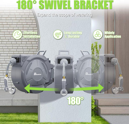 5/8" × 110 ft Retractable Hose Reel, Heavy Duty Retractable Garden Hose Reel Wall Mounted with 10-Pattern Hose Nozzle/Any Length Lock/Slow Return System/180°Swivel Bracket