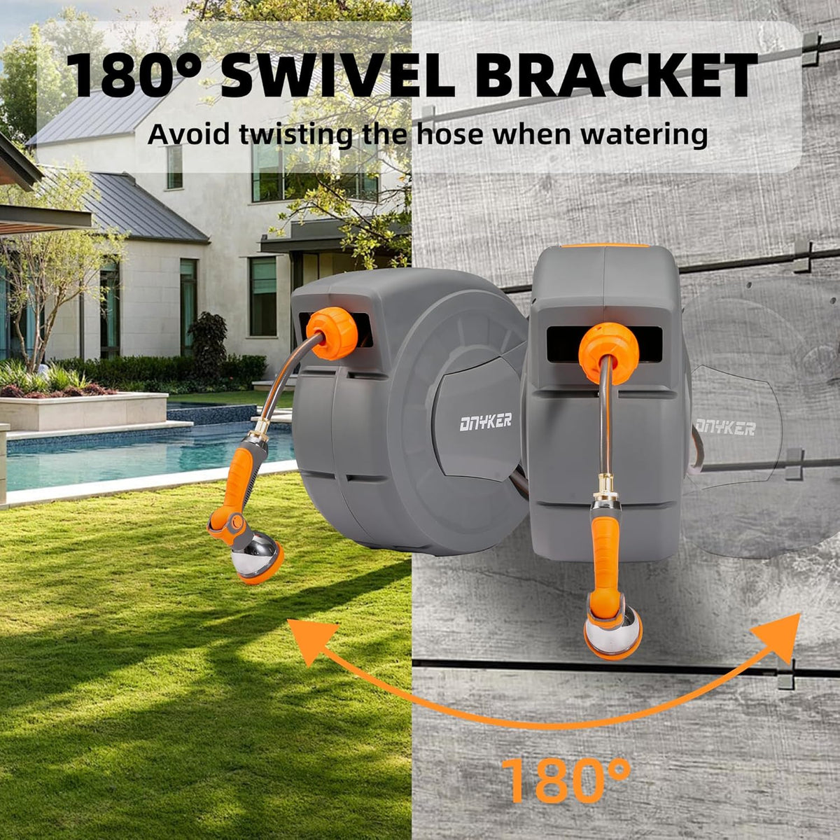 Retractable Garden Hose Reel, 1/2 inch x 100 ft Water Hose Reel Wall Mounted, Any Length Lock, Slow Auto-Rewind, 180°Swivel Bracket & 10 Pattern Nozzle