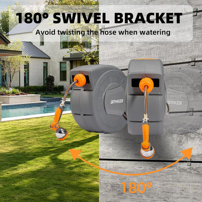 Retractable Garden Hose Reel, 1/2 inch x 100 ft Water Hose Reel Wall Mounted, Any Length Lock, Slow Auto-Rewind, 180°Swivel Bracket & 10 Pattern Nozzle