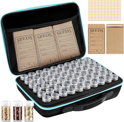 60 Slots Seed Storage Organizer with 20 Seed Envelopes, Sturdy Seed Organizer Storage Box with Zipper Bag Label Stickers(Seeds not Included), Seed Storage Container for Flower Plants Garden