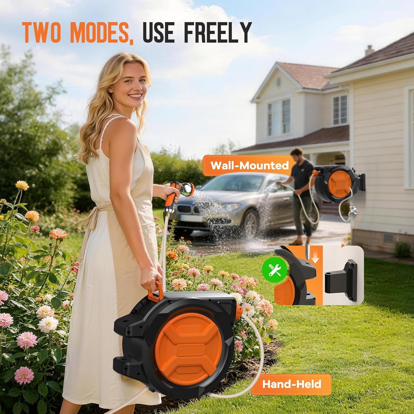 Retractable Garden Hose Reel 1/2" 100ft, 2-in-1 Wall Mount & Portable Auto Rewind Water Hose Reel with Any Length Lock & 180° Swivel, Heavy Duty Outdoor Hose Storage for Garden, Patio and Car Washing
