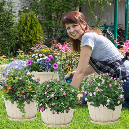 Quarut 14 Inch Plastic-Flower-Pot-for-Indoor-Plants, 4 Pack Large Outdoor Planter Pot with Drainage Holes & Saucers, Resin Decorative Garden Pots Planters（Brown）