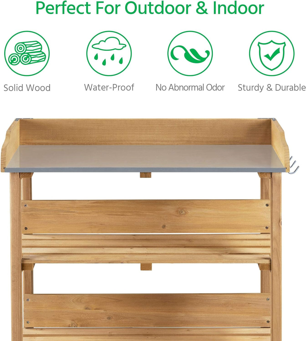 Topeakmart Potting Bench Table w/Metal Tabletop for Garden, Fir Wood Workstation w/3 Tier Shelves, Outdoor Work Bench w/Hook Natural Wood
