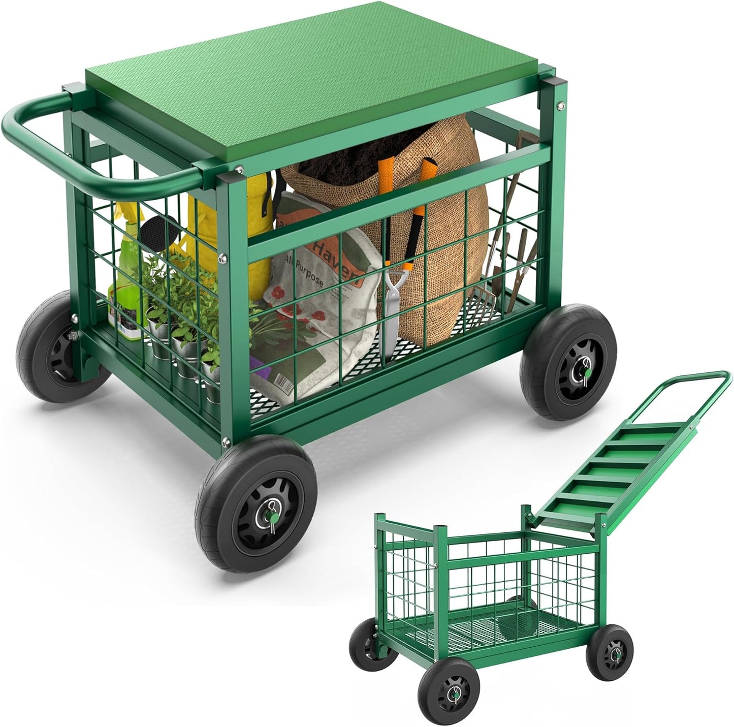 FLINTER Rolling Garden Work Seat with Wheels, Upgraded Heavy Duty Gardenning Cart with Seat - Garden Rolling Stools with Wheels for Seniors, Lawn, Patio & Backyard Gardening, Green