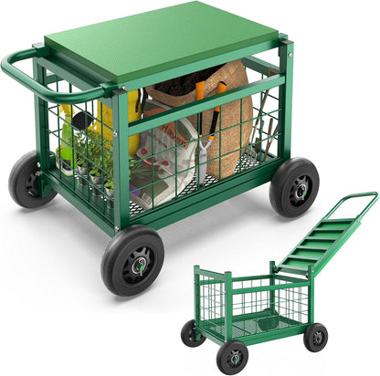 FLINTER Rolling Garden Work Seat with Wheels, Upgraded Heavy Duty Gardenning Cart with Seat - Garden Rolling Stools with Wheels for Seniors, Lawn, Patio & Backyard Gardening, Green