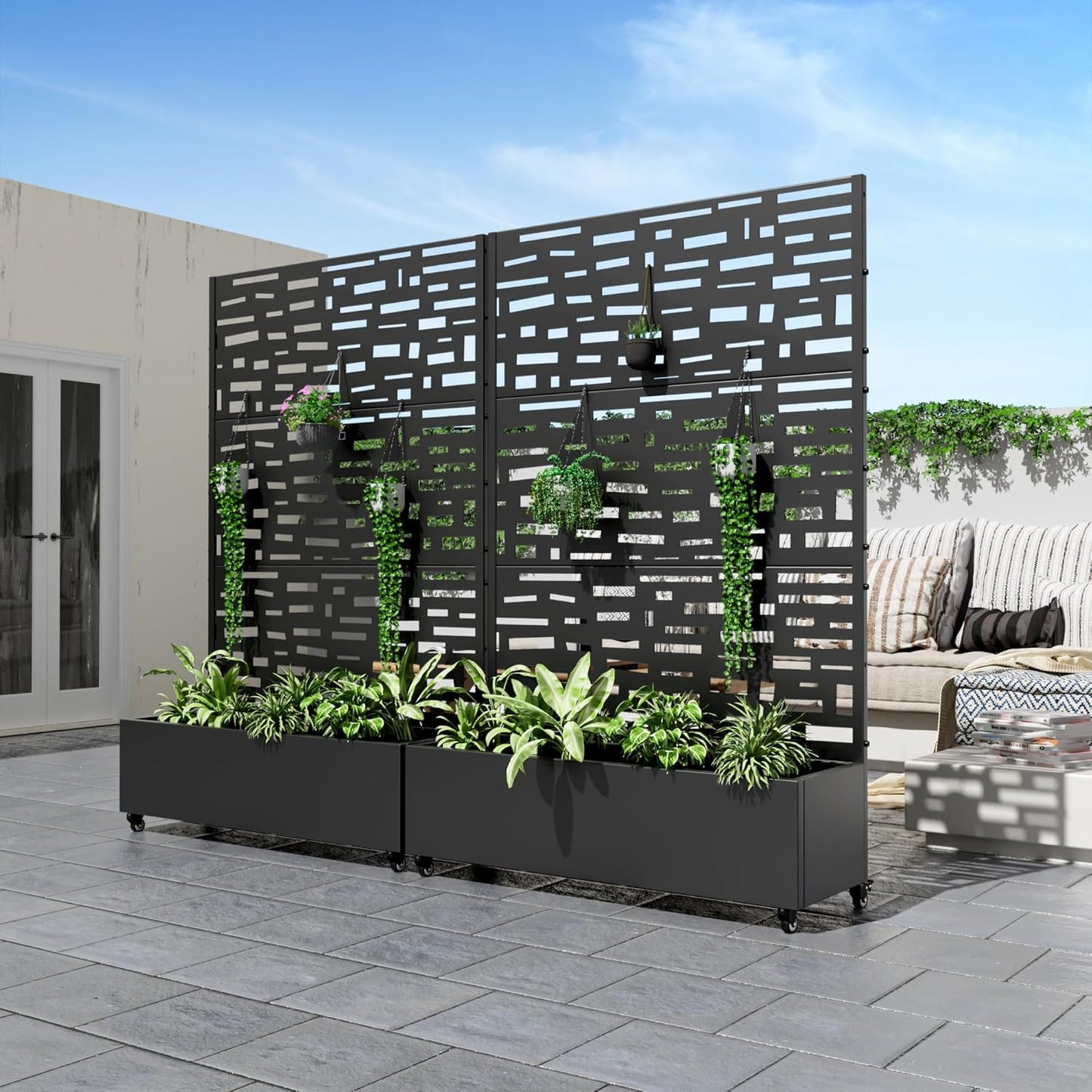 Casaphoria Metal Raised Garden Bed with Trellis and Wheels, 72"x47"x16" Planter Box for Climbing Plants, Vegetables & Vines, Features Drainage Holes and Privacy Screen (Black-Louver) - Colors D