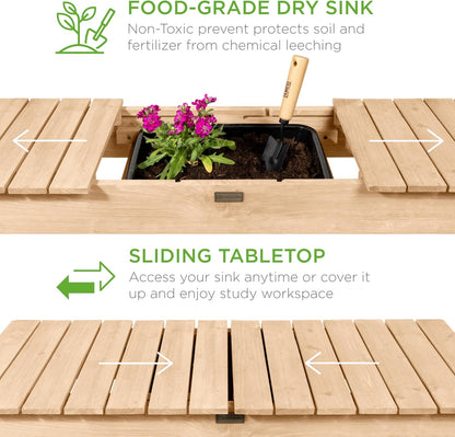 Best Choice Products Mobile Garden Potting Bench, Outdoor Wood Workstation Table w/Sliding Tabletop, 4 Locking Wheels, Food Grade Dry Sink, Storage Shelves - Sage Green