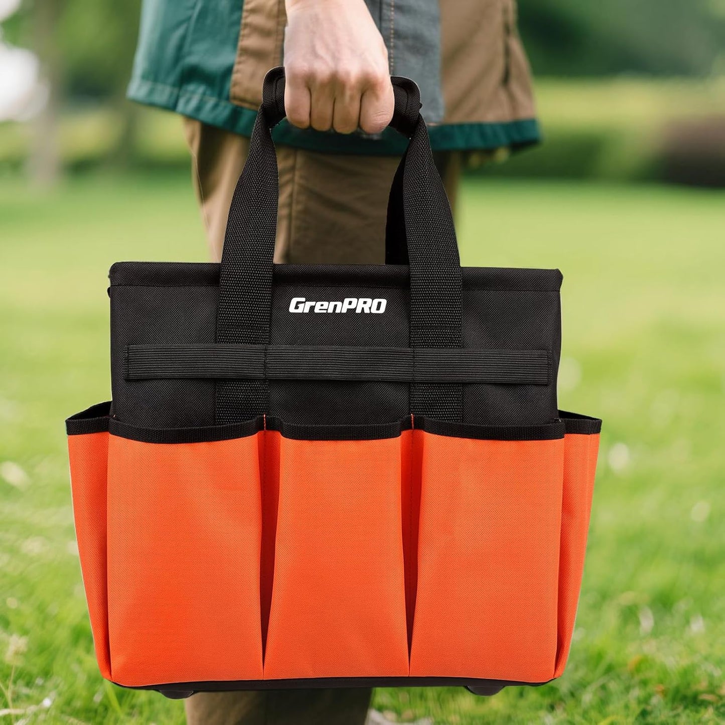 GrenPRO Garden Tool Bag Molded Bottom, Heavy Duty Tool Tote Toolbox with 10 Pockets, Reinforced & Top Snap Closure for Gardening Tools Storage, Dark Green(Tools Not Included)