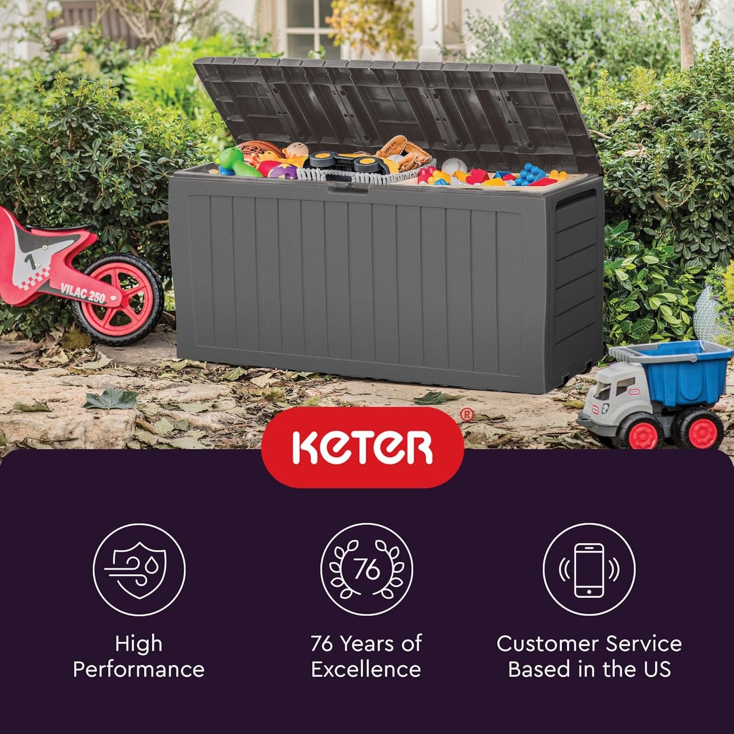 Keter Marvel Plus 71 Gallon Resin Outdoor Storage Box for Patio Furniture Cushions, Throw Pillows, Garden Tools and Pool Floats, Brown