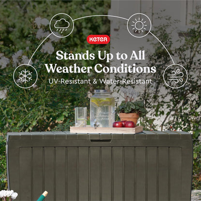 Keter Marvel Plus 71 Gallon Resin Outdoor Storage Box for Patio Furniture Cushions, Throw Pillows, Garden Tools and Pool Floats, Brown
