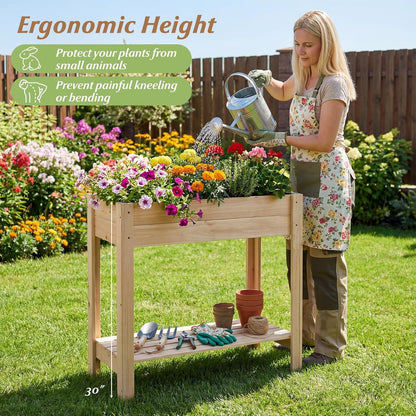 Giantex Wood Raised Garden Bed w/Folding Drop-Leaf Potting Table, Planter Box for Flower Herb Vegetable Fruit, Indoor Outdoor Elevated Raised Beds for Gardening, Backyard, Patio, Balcony