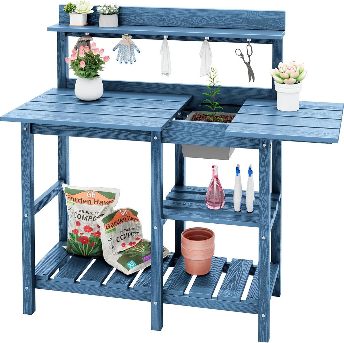 SERWALL Outdoor Potting Bench with Removeable Sink,Rot-Resistant HDPE Potting Table for Outside Gardening, All Weather Use - Gray