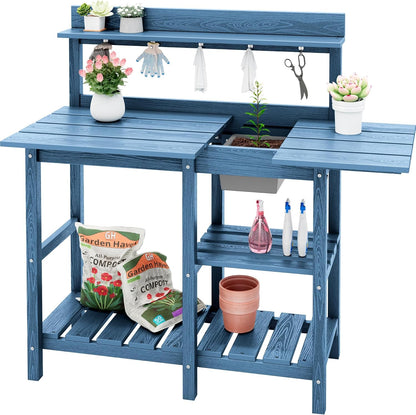 SERWALL Outdoor Potting Bench with Removeable Sink,Rot-Resistant HDPE Potting Table for Outside Gardening, All Weather Use - Gray