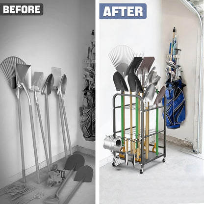 WALMANN Garden Tool Organizer with Wheels for Garage, Large Storage Capacity, Rakes/Shovels/Yard Tools Storage Stand for Shed, Garden, Indoor/Outdoor Long-Handled Tools Rolling Cart